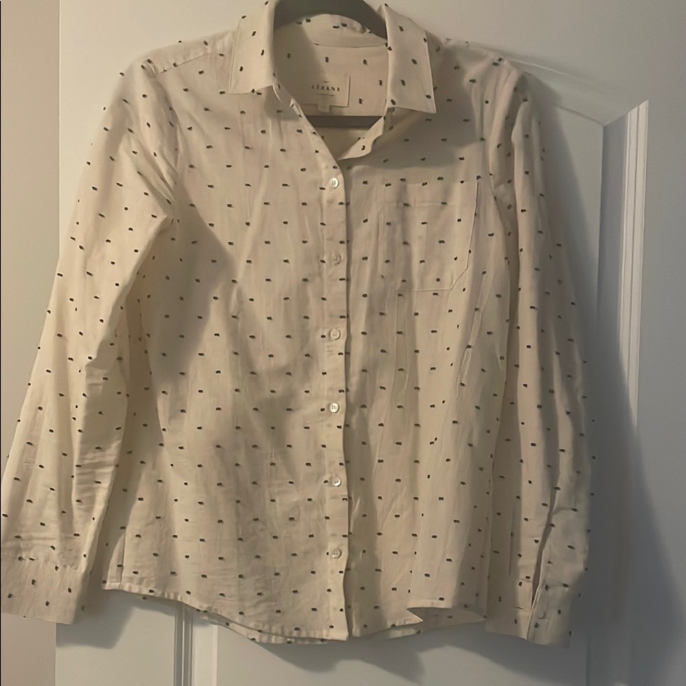 Sezane Cream Button-Down Shirt with Navy Dots